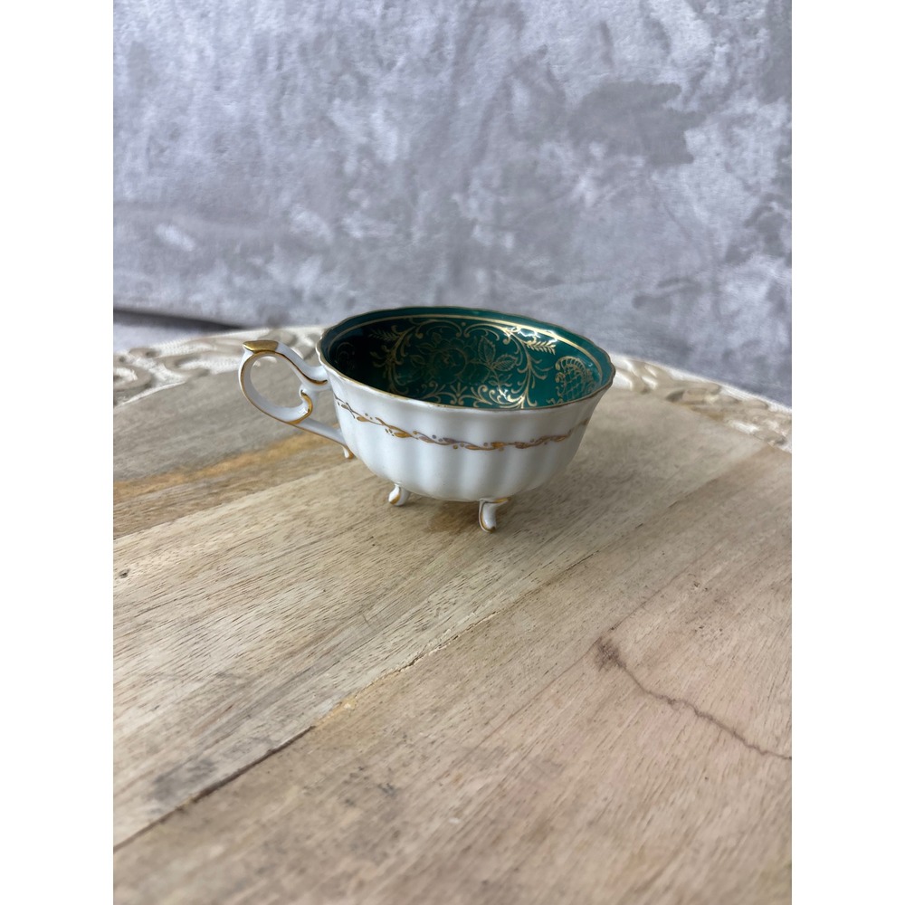 Vintage‎ Emerald Green Gold Filigree Footed Porcelain Teacup Pink Rose Interior